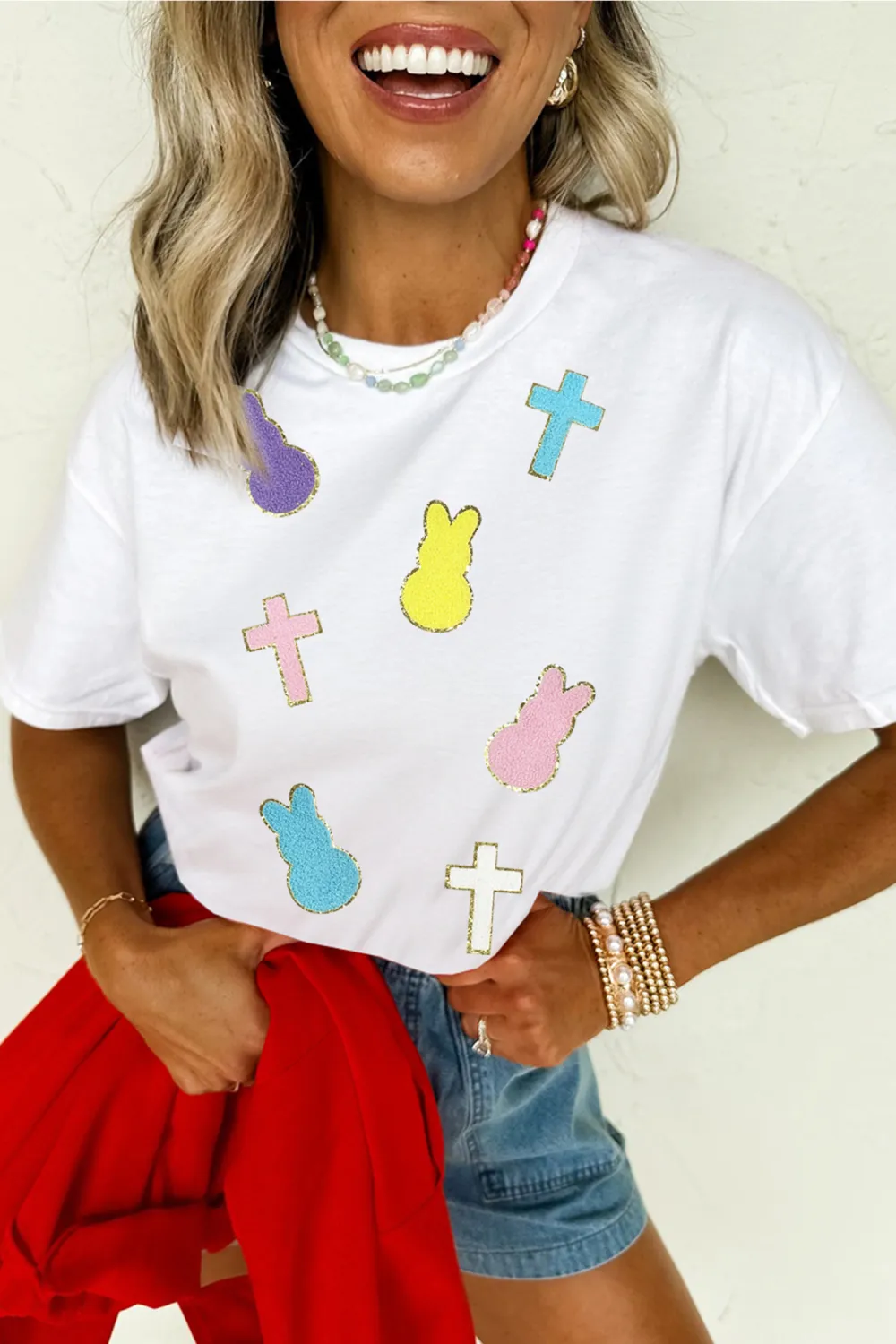 White Chenille Bunny Cross Patch Tee
