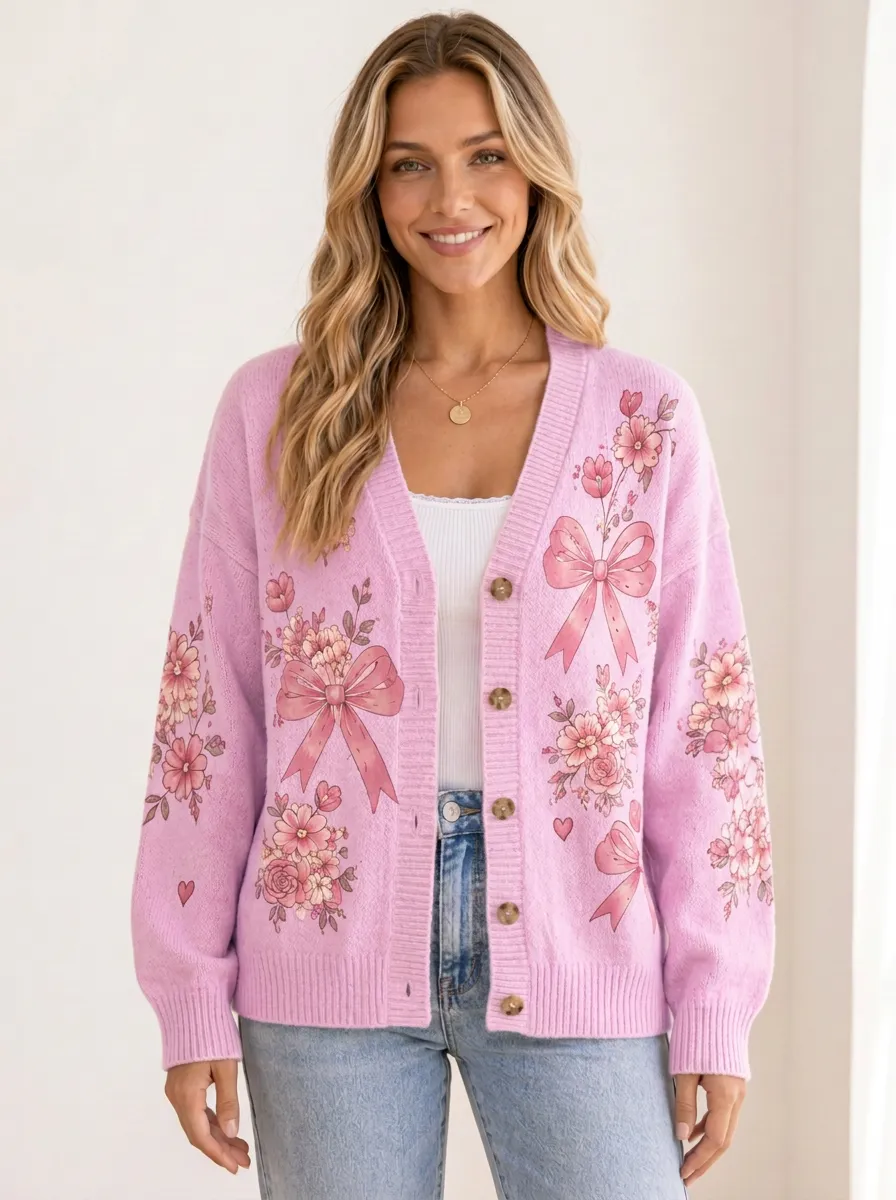 Women's Garden Inspired Floral Ribbon Bow Romantic Printed Cardigan