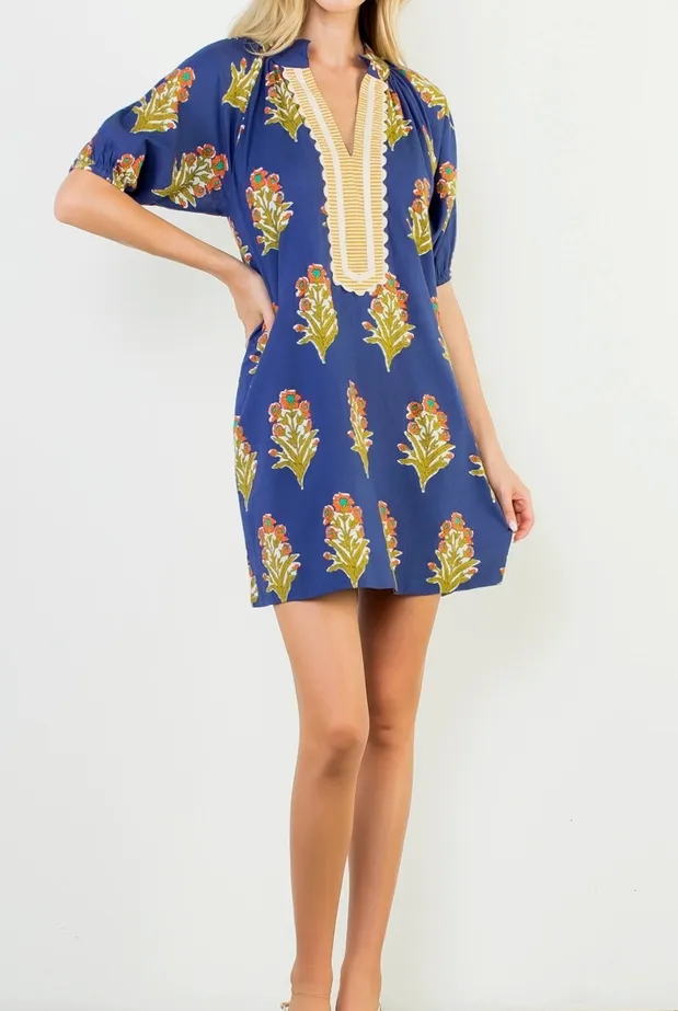 Navy Floral Puff Sleeve V-Neck Dress