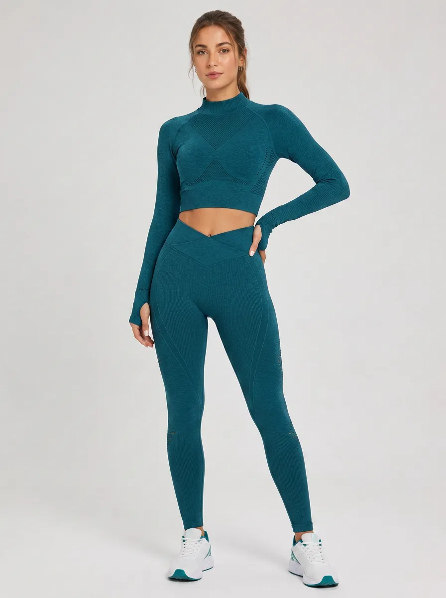 Women's Fitness Yoga Teal Seamless Ribbed Printed Set