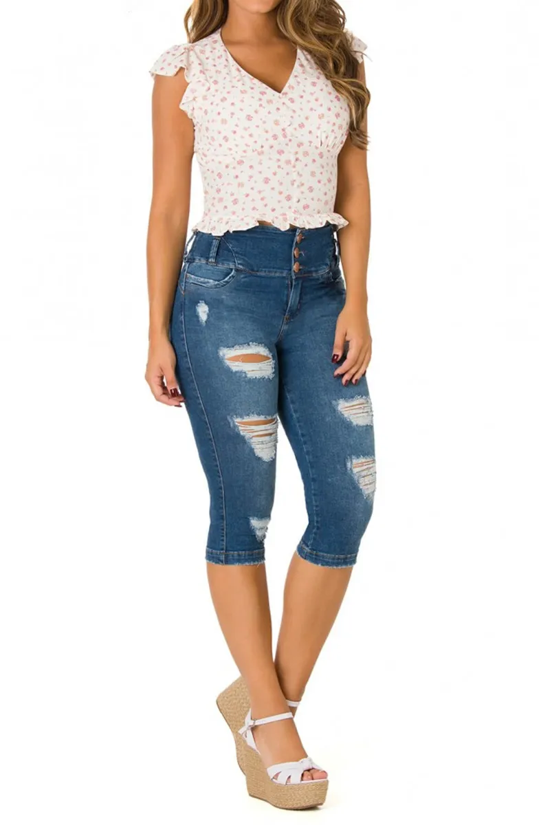Cut Out Mid Waist Capris Jeans