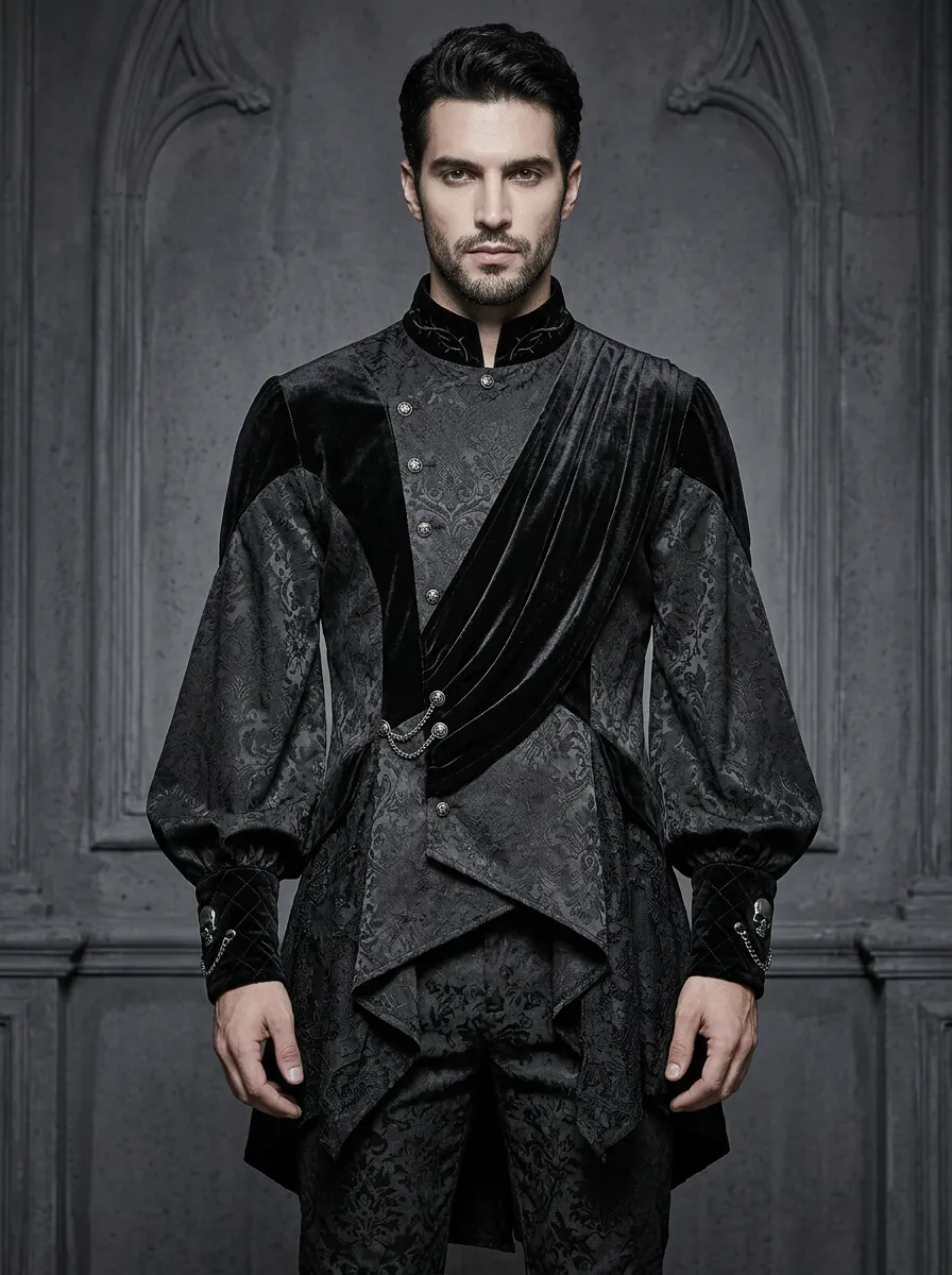 Statement Damask Victorian Velvet Style Men's Gothic Asymmetric Shirt