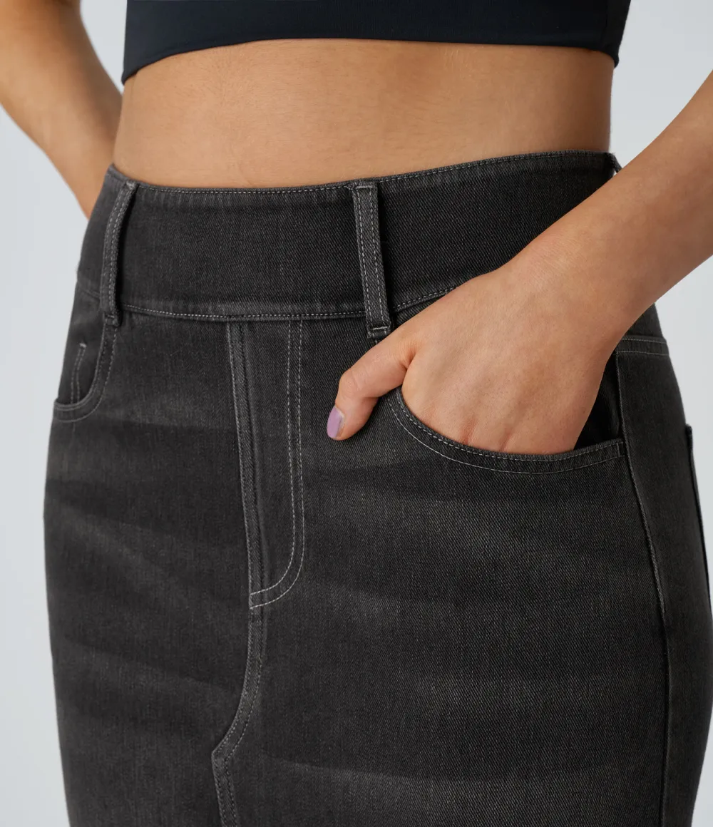 Magic High Waisted Multiple Pockets Bodycon Split Washed Stretchy Knit Denim Casual Midi Skirt