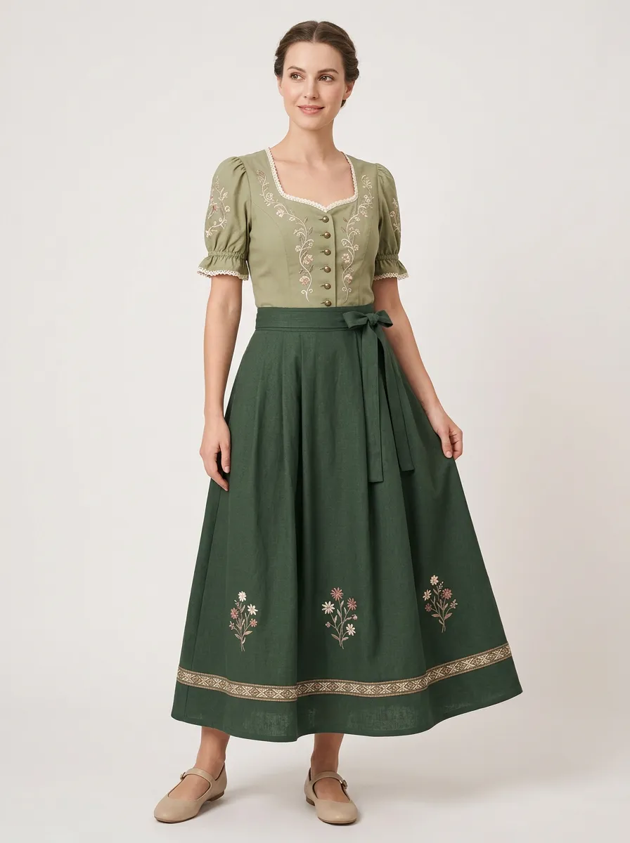 Women's Bavarian-Inspired Embroidered Apron Midi Skirt Set
