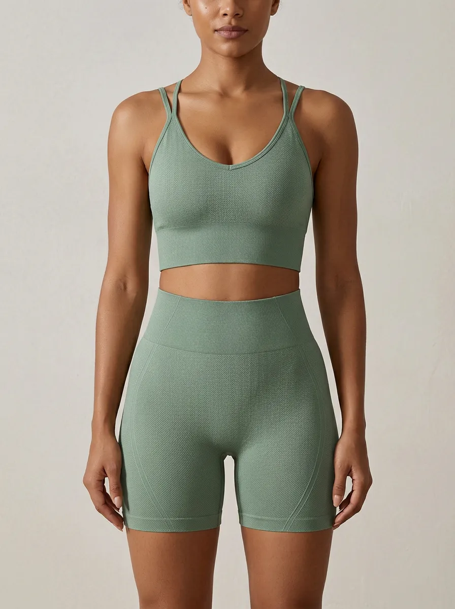 Contemporary Textured Detail Seamless Design Casual Look Women's Tank Top And Sports Shorts Set