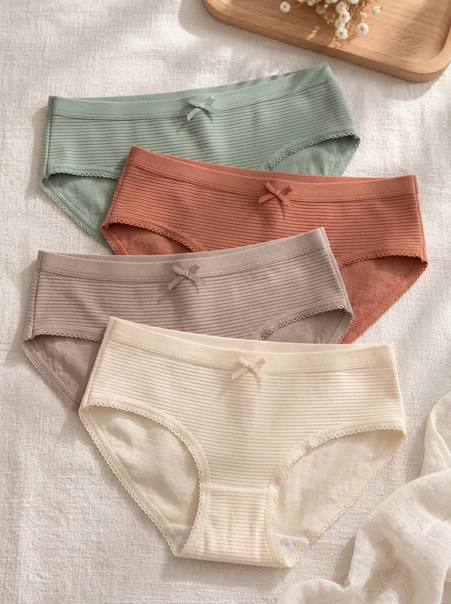 Women's Ribbed Cotton Bowknot Multi-color Printed Panties Set