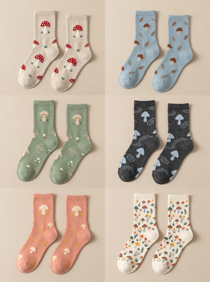Women's Mushroom Botanical Crew Socks Six Pair Set