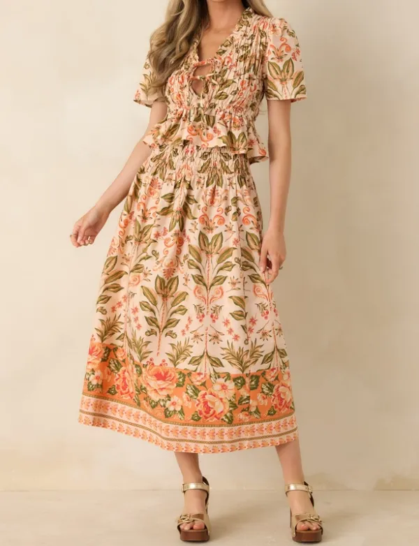 Peach & Green Floral Smocked Cotton Top