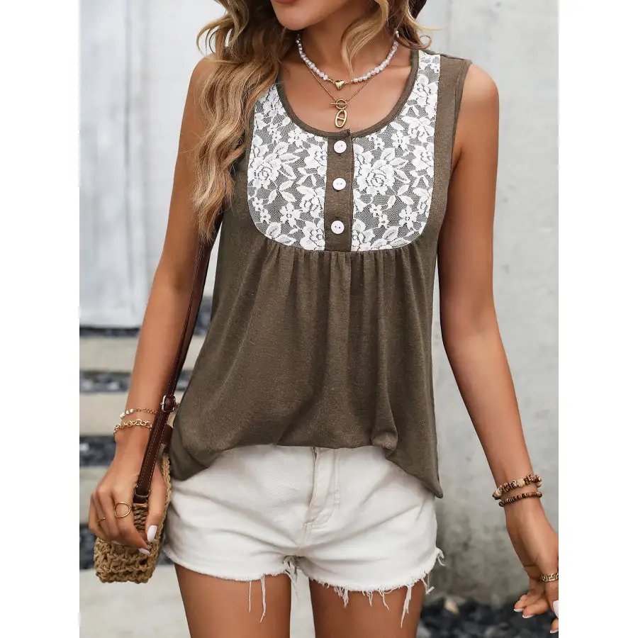 Lace Contrast Scoop Neck Tank