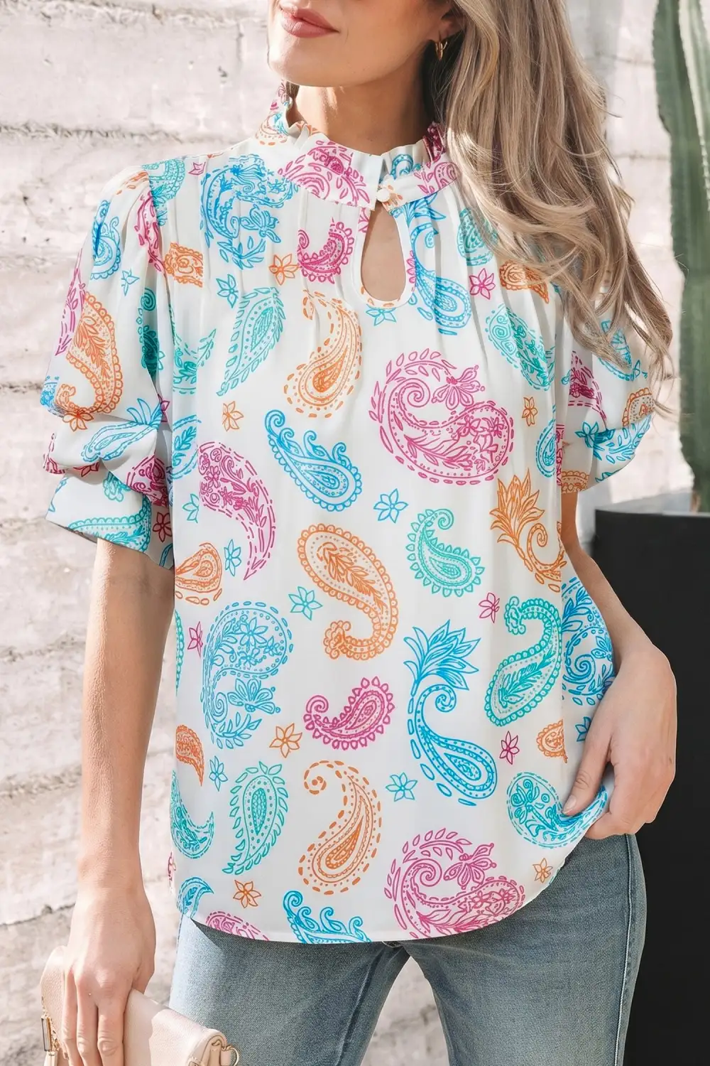 Women's Paisley Print Keyhole Puff Sleeve Top