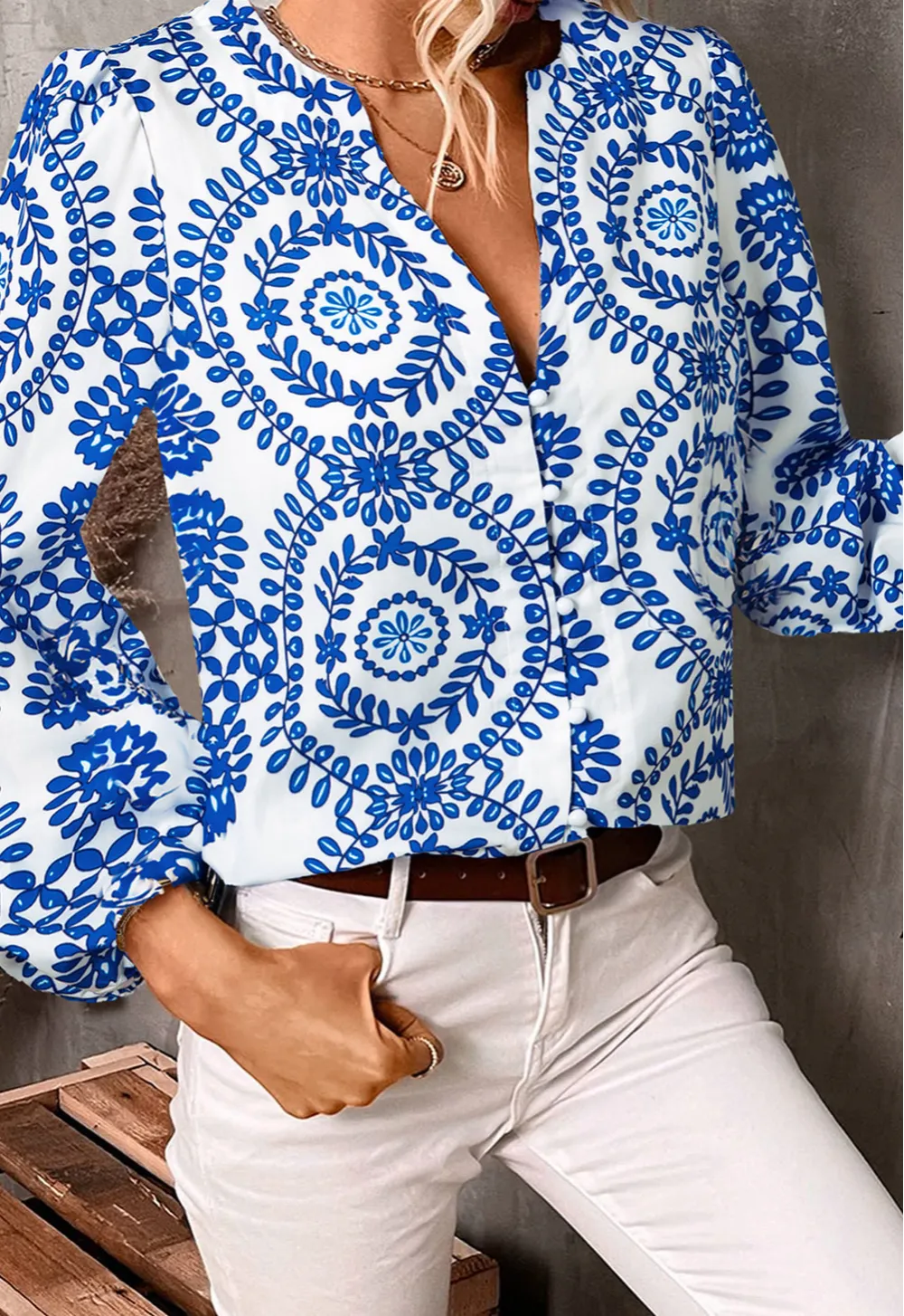 Floral Geometric Print V-Neck Shirt Blouse