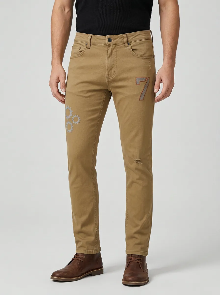 Men's Number 7 Gear Pattern Printed Slim-Fit Jeans