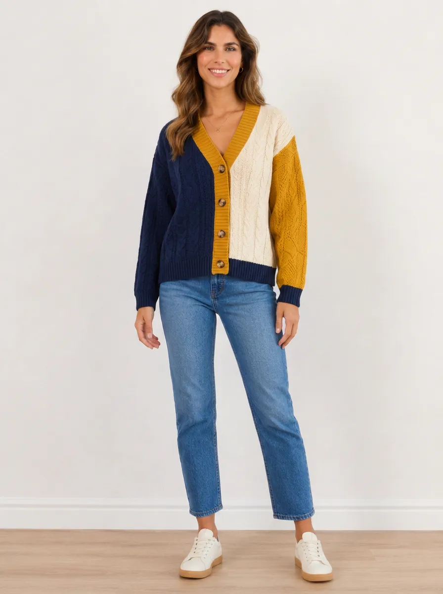 Women's Color-Block Cable Knit Cardigan Button-Front