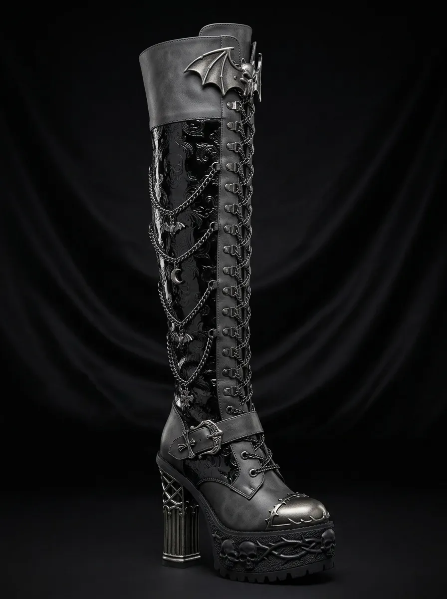 Heritage Skull Bat Chain Style Women's Gothic Platform Boots