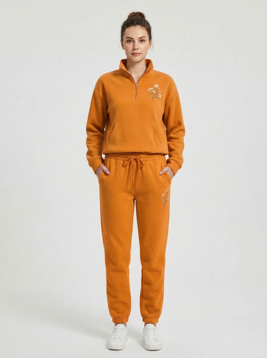 Women's Floral Embroidered Quarter-Zip Lounge Set