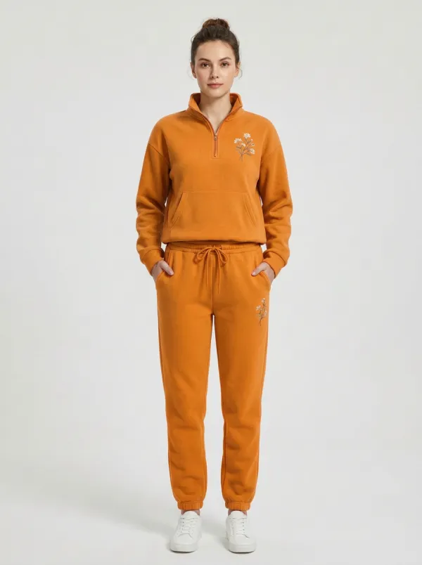 Women's Floral Embroidered Quarter-Zip Lounge Set