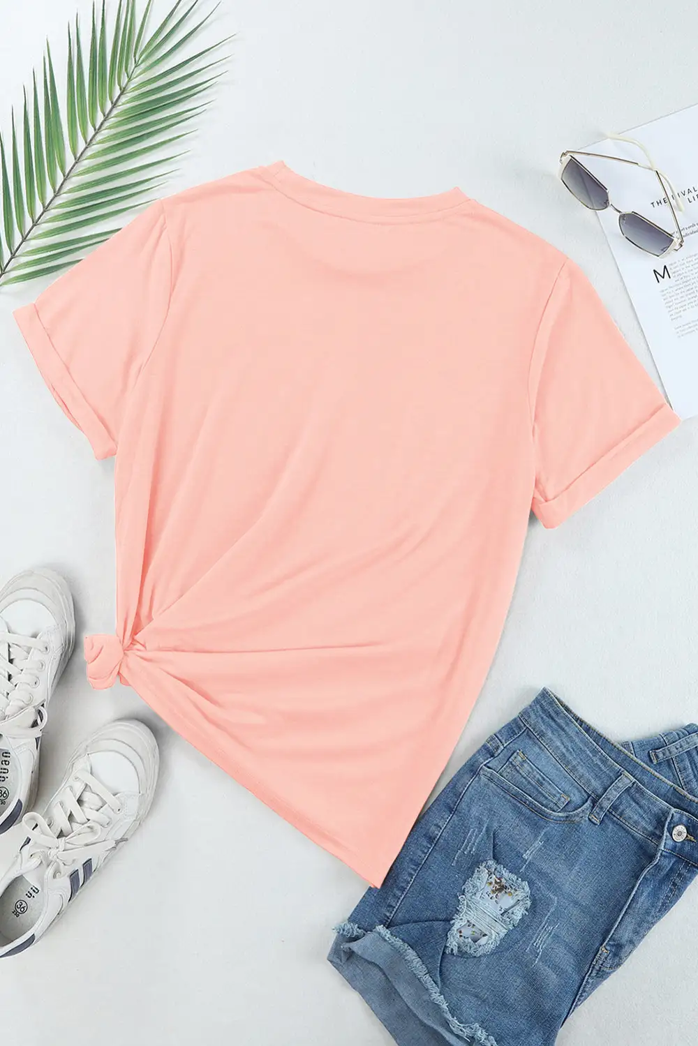 Pink Casual Plain Crew Neck