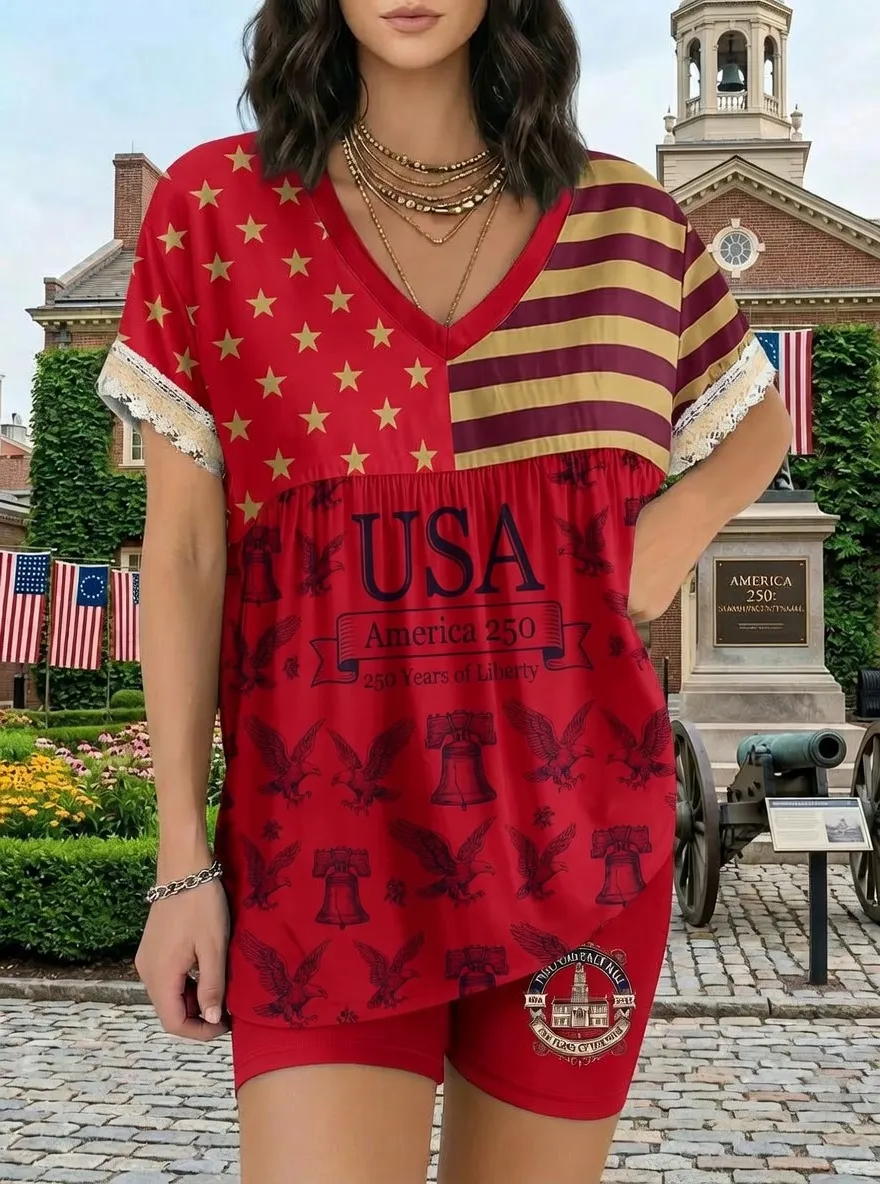 Women's USA 250th Anniversary Eagle Liberty Bell Printed Outfit Set