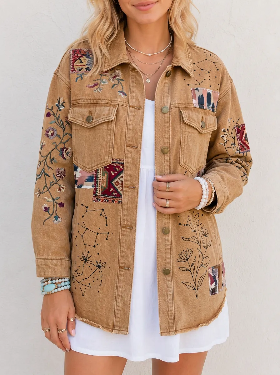 Women's Boho Floral Constellation Patchwork Printed Denim Jacket
