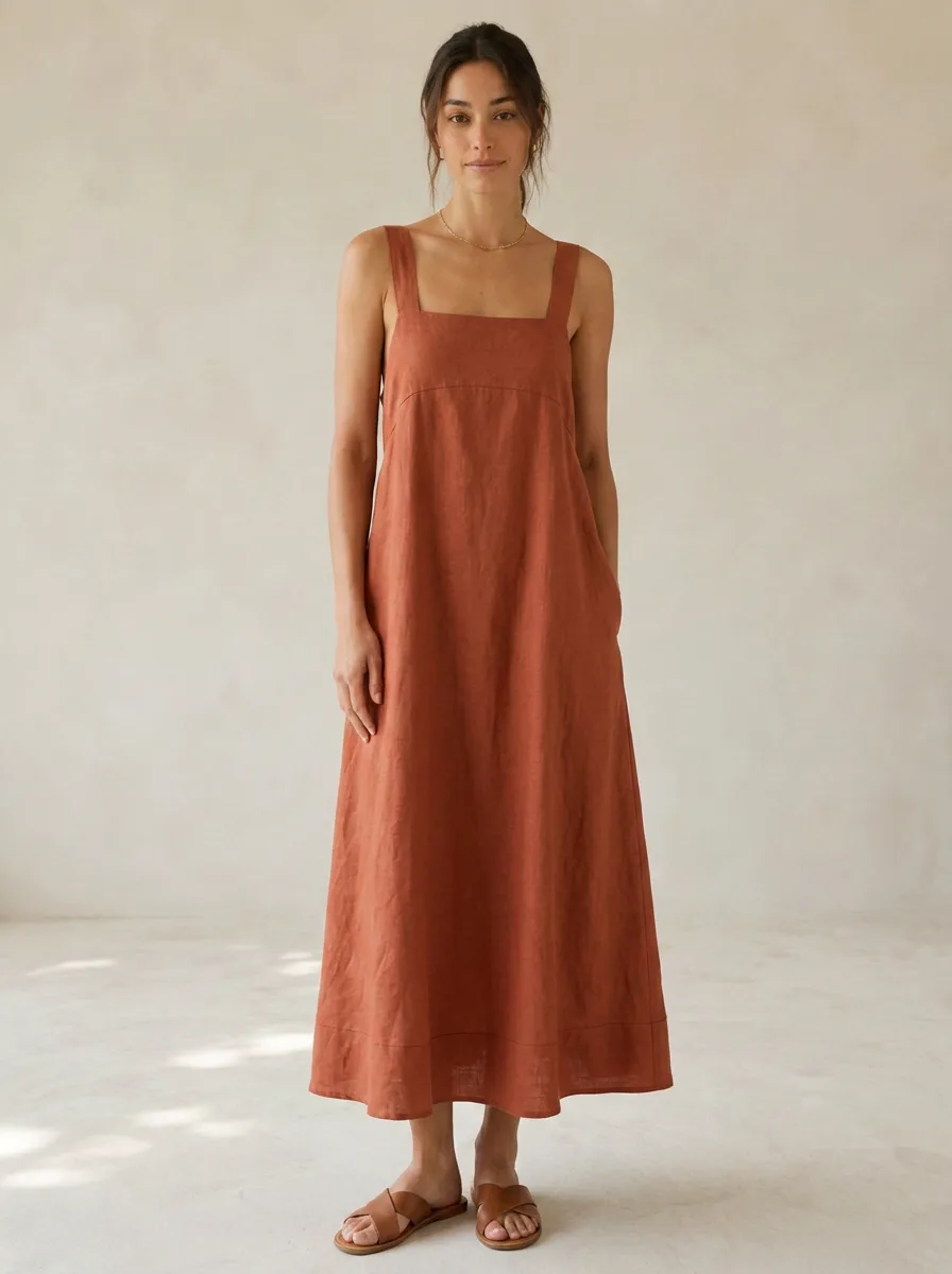 Women's Boho Linen Midi Backless Dress