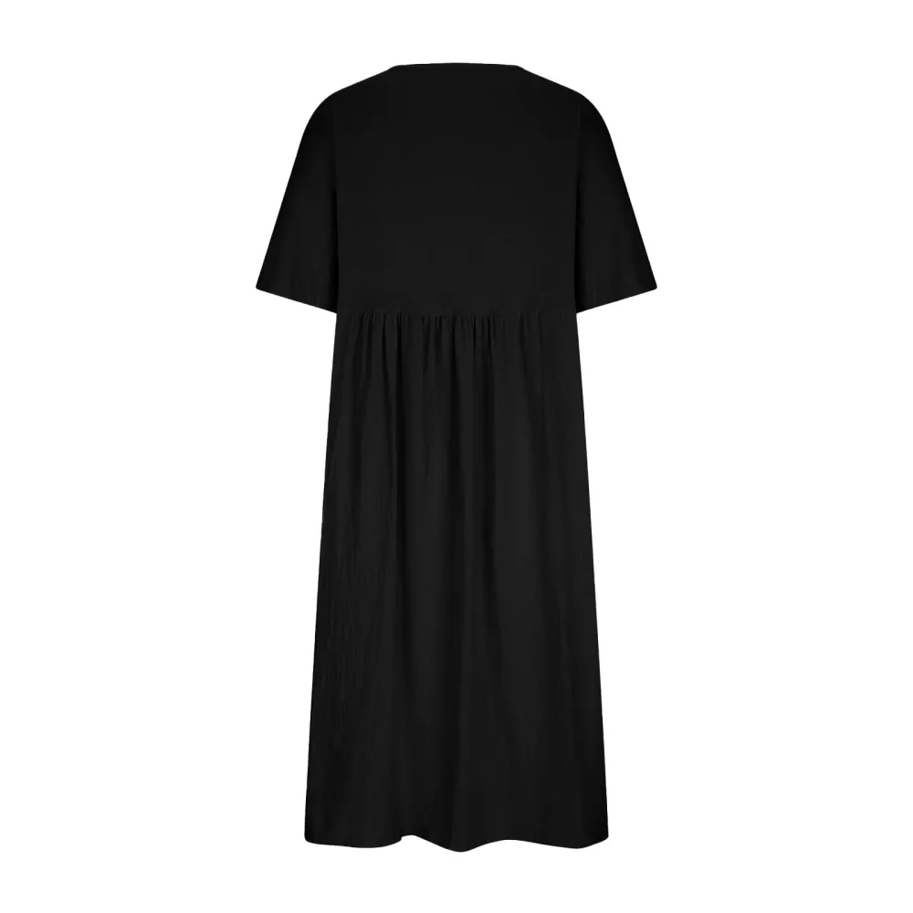 Short Sleeve Linen Blend Cotton Blend A-Line Dress