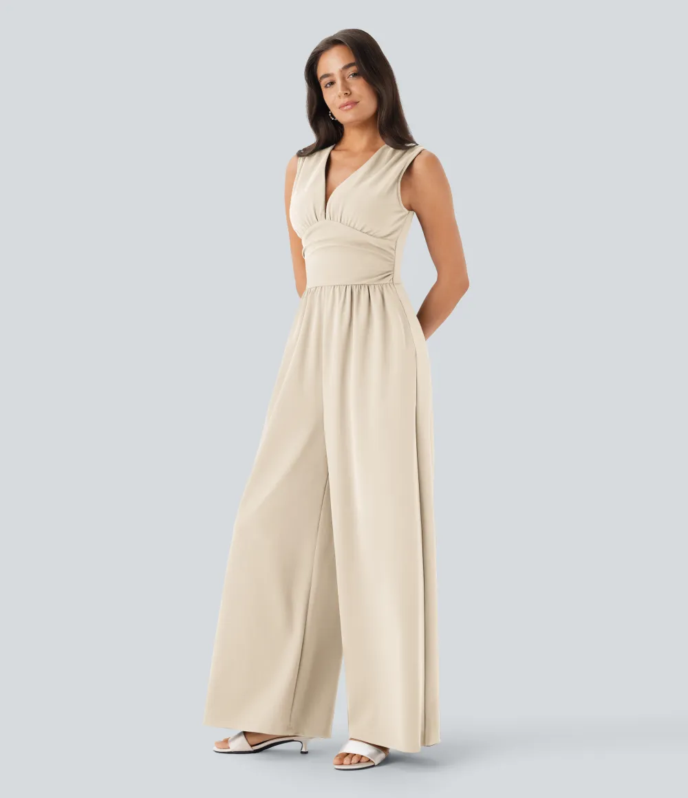 SculptKnit V Neck Sleeveless Ruched Pocket Jumpsuit-Easy Peezy