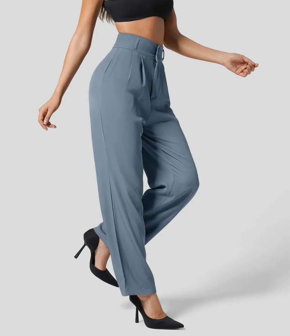 High Waisted Button Zipper Plicated Side Pocket Shirred Straight Leg Work Pants