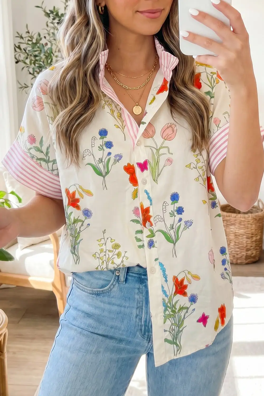Women's Floral Print Striped Ruffle Collar Blouse