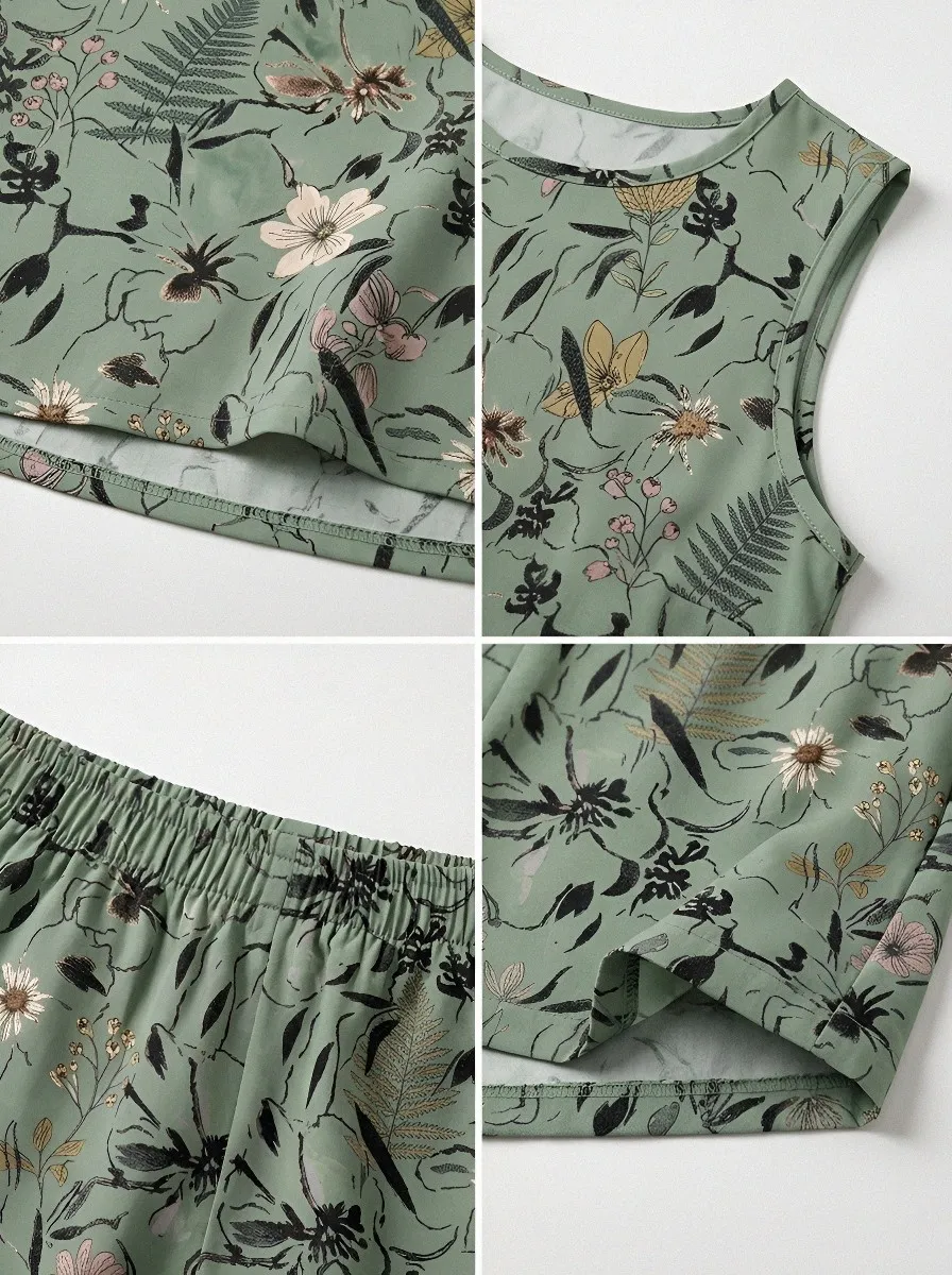 Women's Botanical Garden Floral Printed Sleeveless Shorts Set