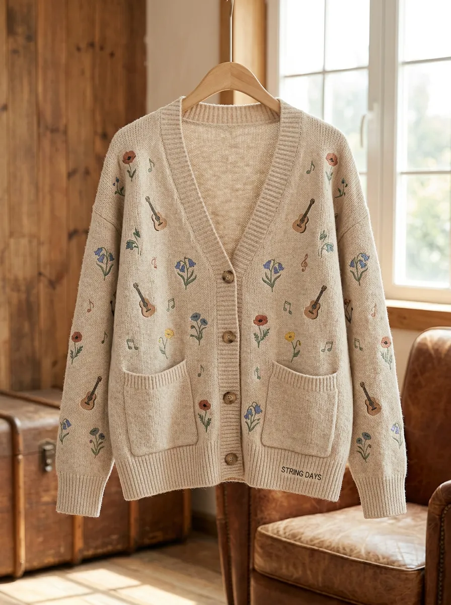 Western-Inspired Guitar Women's Country Music Knit Cardigan
