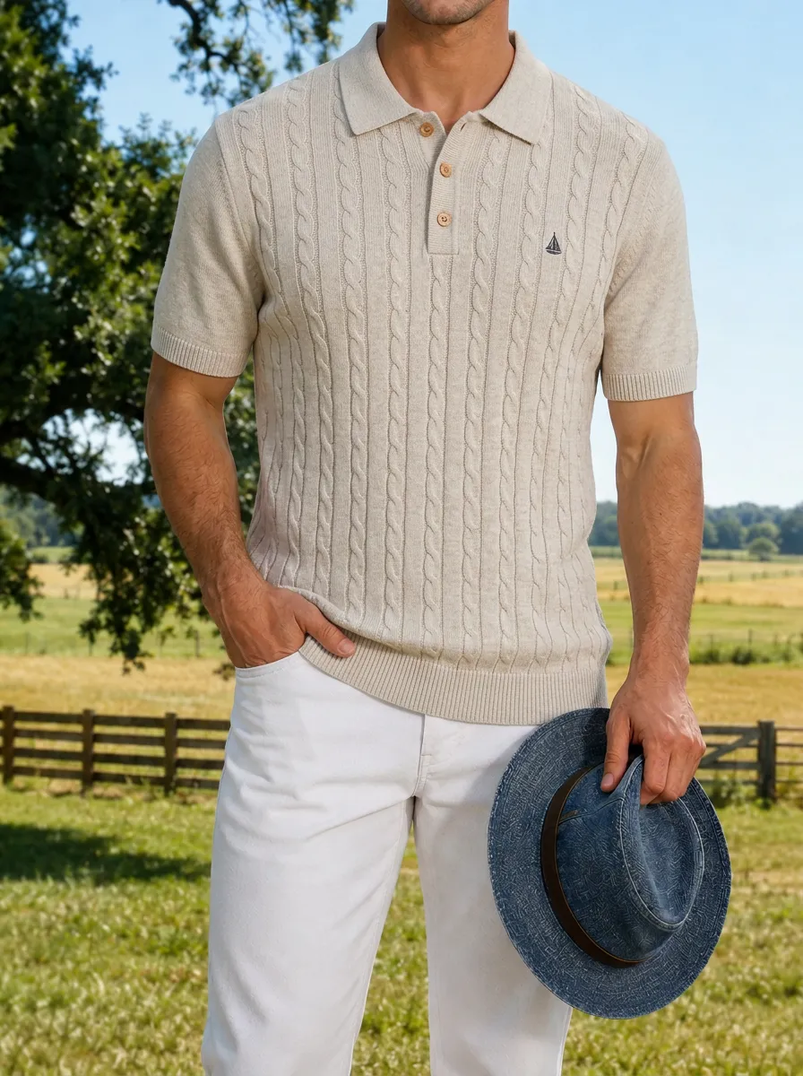 Men's Nautical Sailboat Embroidered Cable Knit Polo Shirt