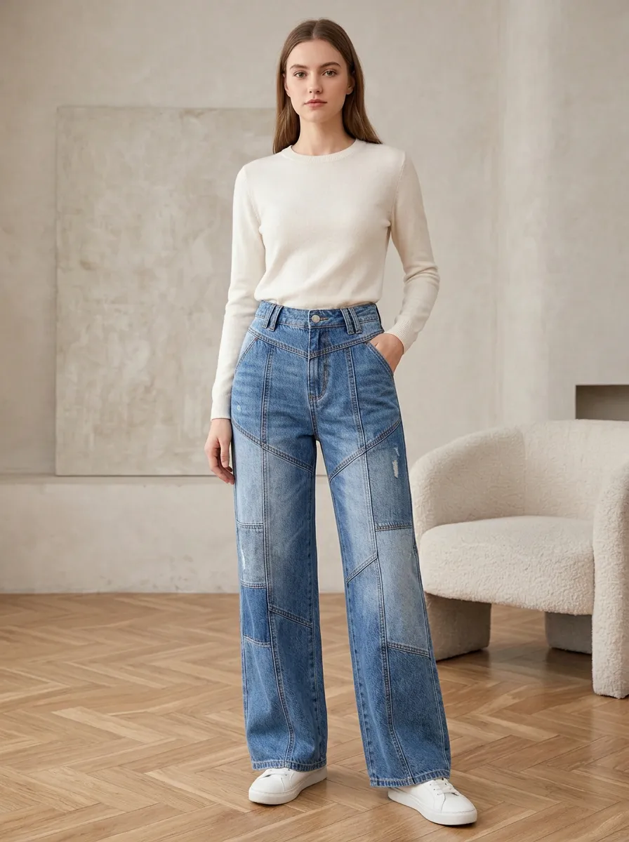 Women's Casual Fashion Patchwork Distressed Wide Leg Denim Jeans