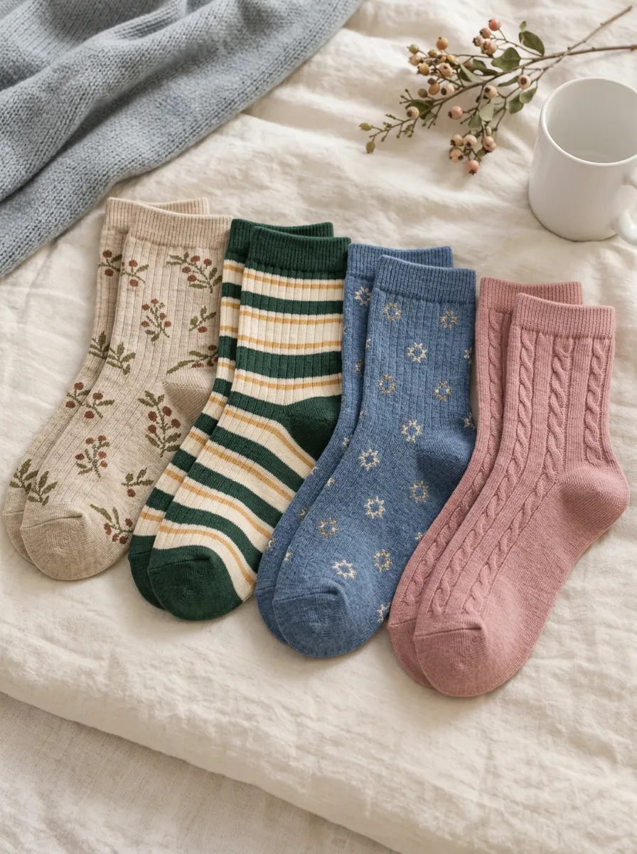 Women's Vintage Floral Striped Star Cable-Knit Printed Socks Set