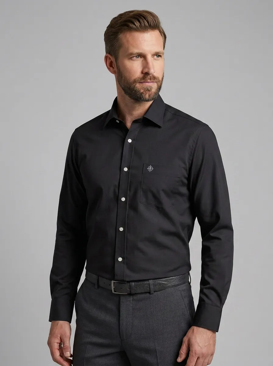 Men's Business Casual Compass Logo Embroidered Non-Iron Cotton Shirt