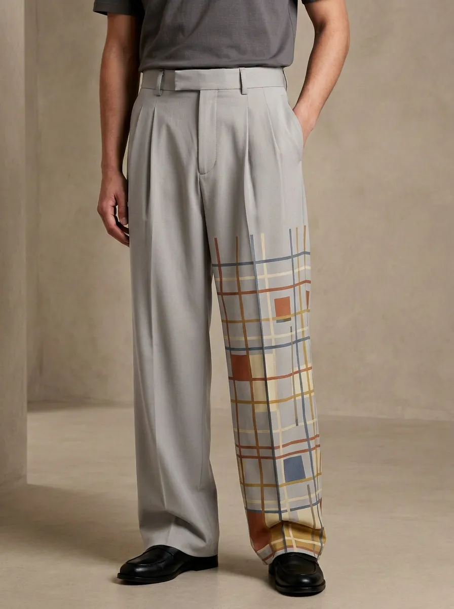 Men's Geometric Plaid Pattern Printed Wide Leg Trousers Everyday Design