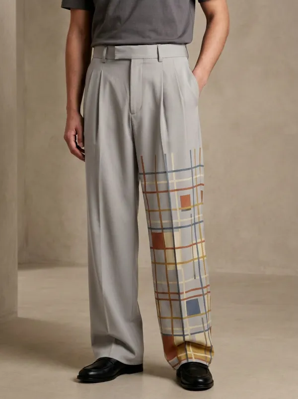 Men's Geometric Plaid Pattern Printed Wide Leg Trousers Everyday Design