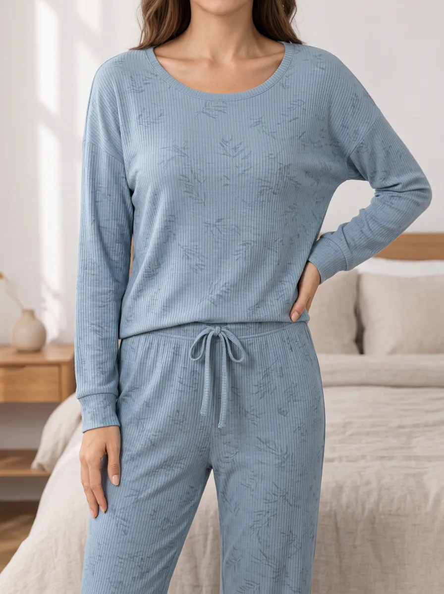 Women's Crewneck Long Sleeve Ribbed Botanical Leaf Pajama Top