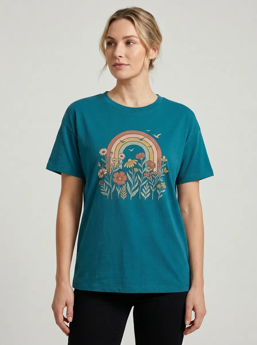 Women's Retro Rainbow Floral Graphic Crewneck T-Shirt