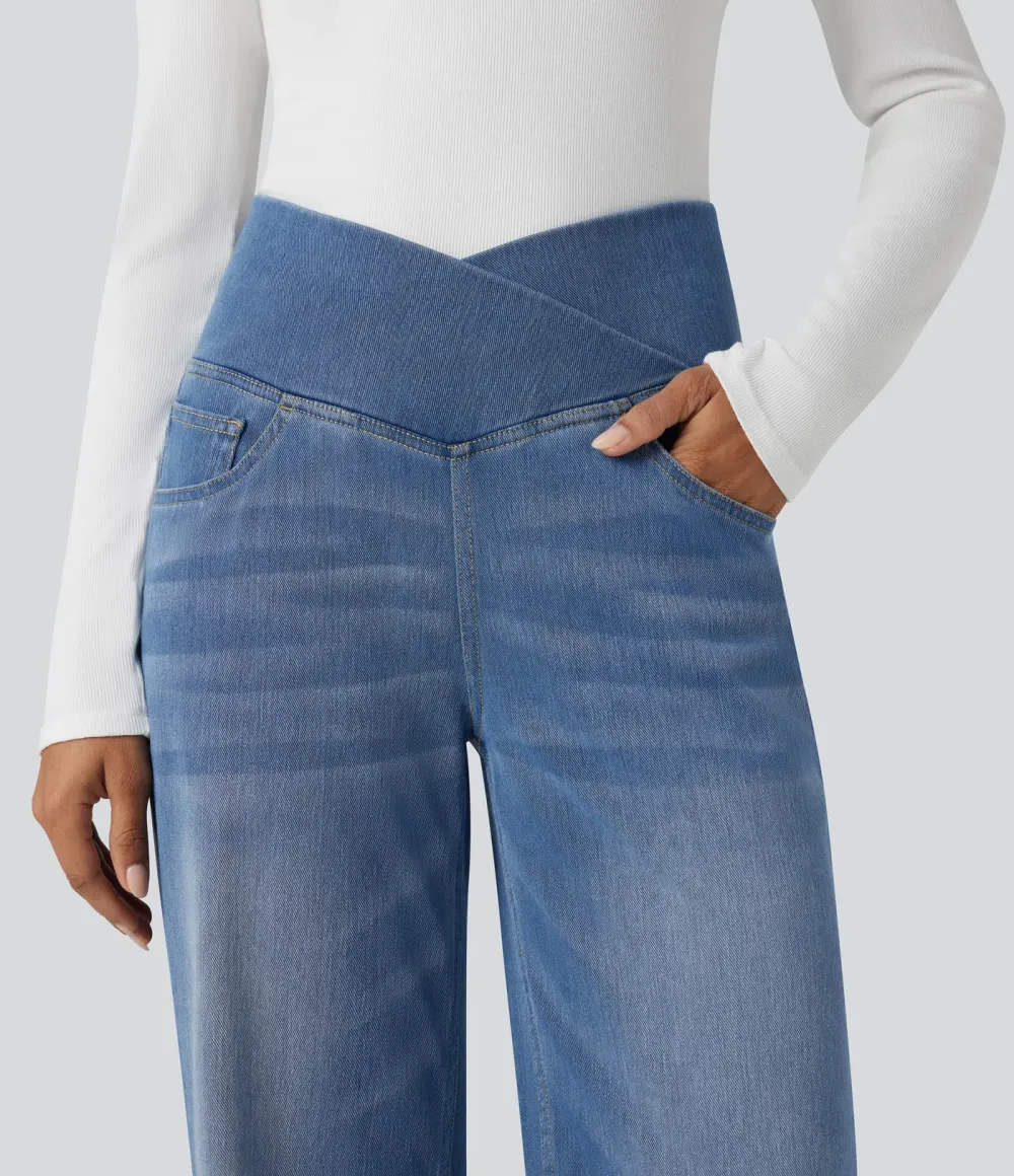 High-waisted, relaxed, crossover straight-leg jeans with  pockets