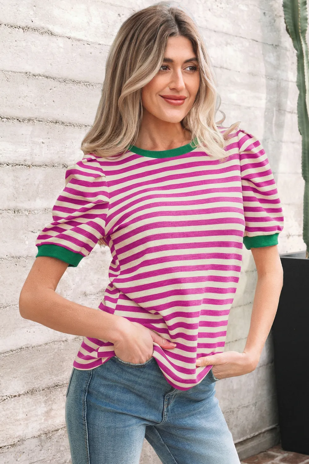 Rose Stripe Short Puff Sleeve Tee
