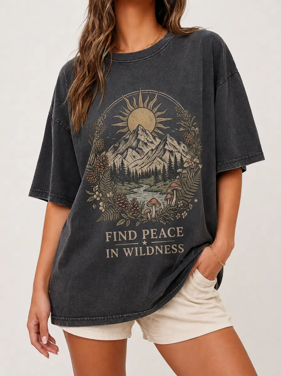 Women's Nature Lover Mountain Sun Mushroom Printed T-shirt