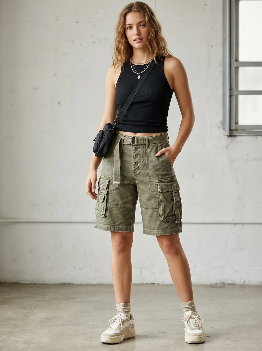 Women's Casual Streetwear Olive Green Multi-Pocket Cargo Shorts