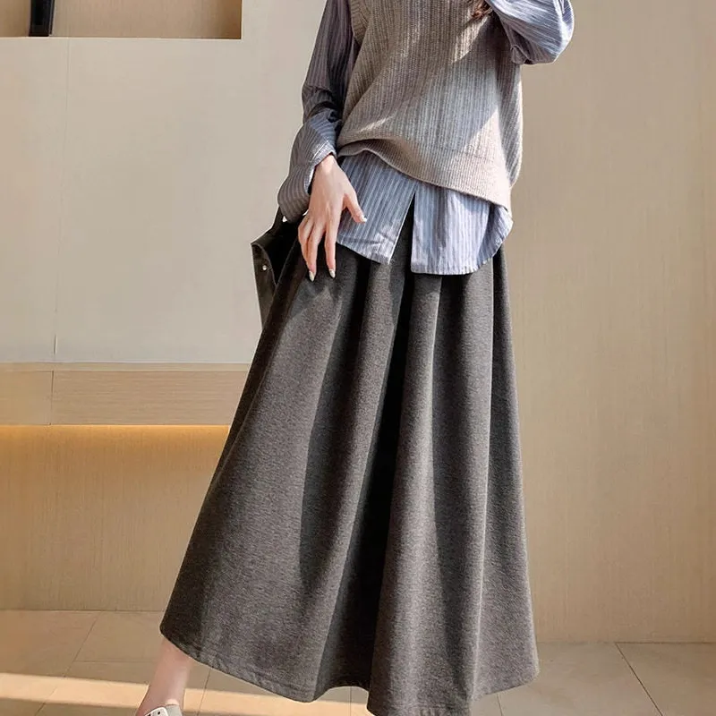 Classic High Waist Wool A-Line Pleated Midi Skirt