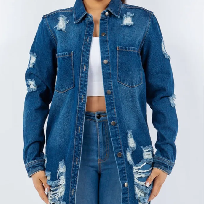 Distressed Button-Up Long-Sleeve Denim Jacket