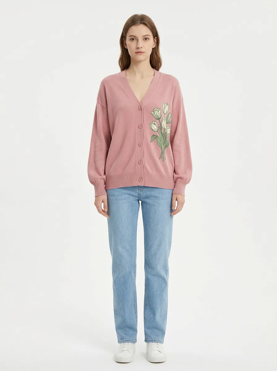 Women's V-Neck Embroidery-Detail Floral-Motif Cardigan