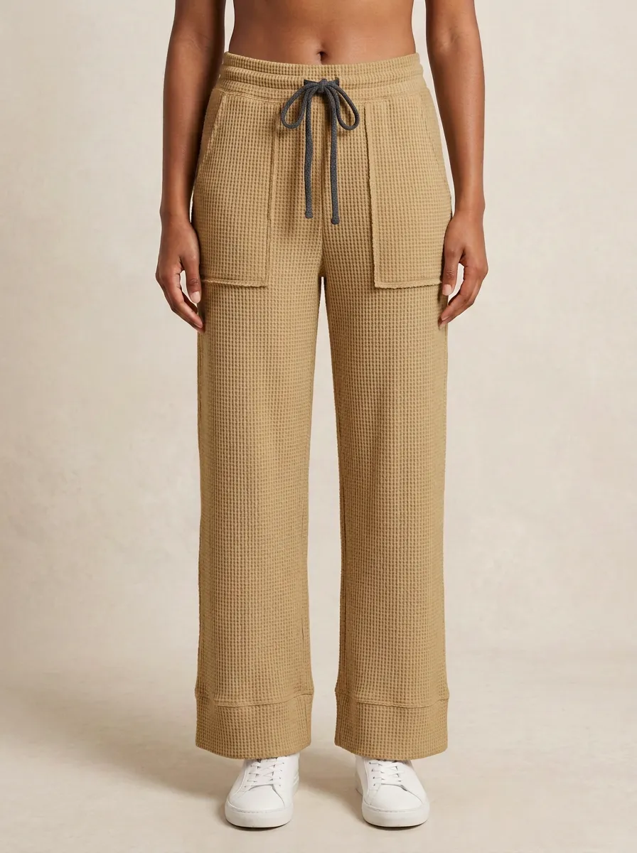 Women's Casual Waffle Knit Drawstring Wide Leg Pants