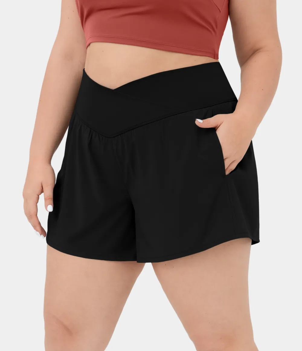 Breezeful High Waisted Crossover Side Pocket Plus Size 2-in-1 Quick Dry Yoga Shorts 4.5