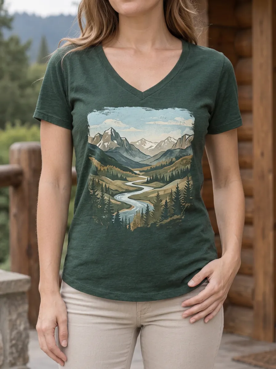 Women's Forest Nature Lover Mountain River Landscape V-Neck T-Shirt