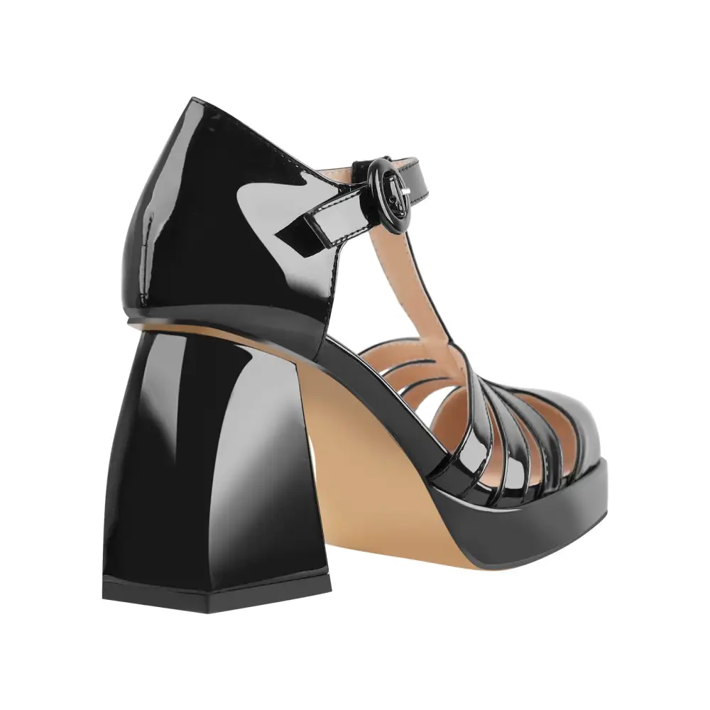 Patent Finish Square Toe Low Platform Chunky Heel Pumps