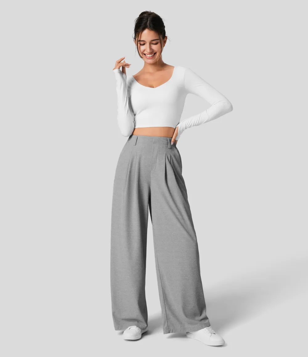  High Waisted Plicated Side Pocket Wide Leg Waffle Work Pants